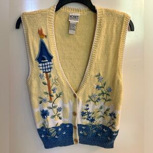 VTG Grandma CottageCore Koret Petite Yellow Bird Knit Needlepoint Sweater Vest S